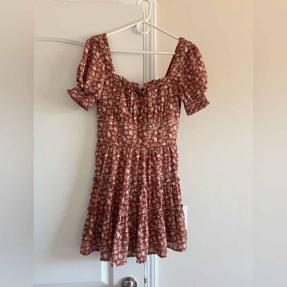 Trixxi Rust Floral Square-Neck Puff Sleeve Mini Dress